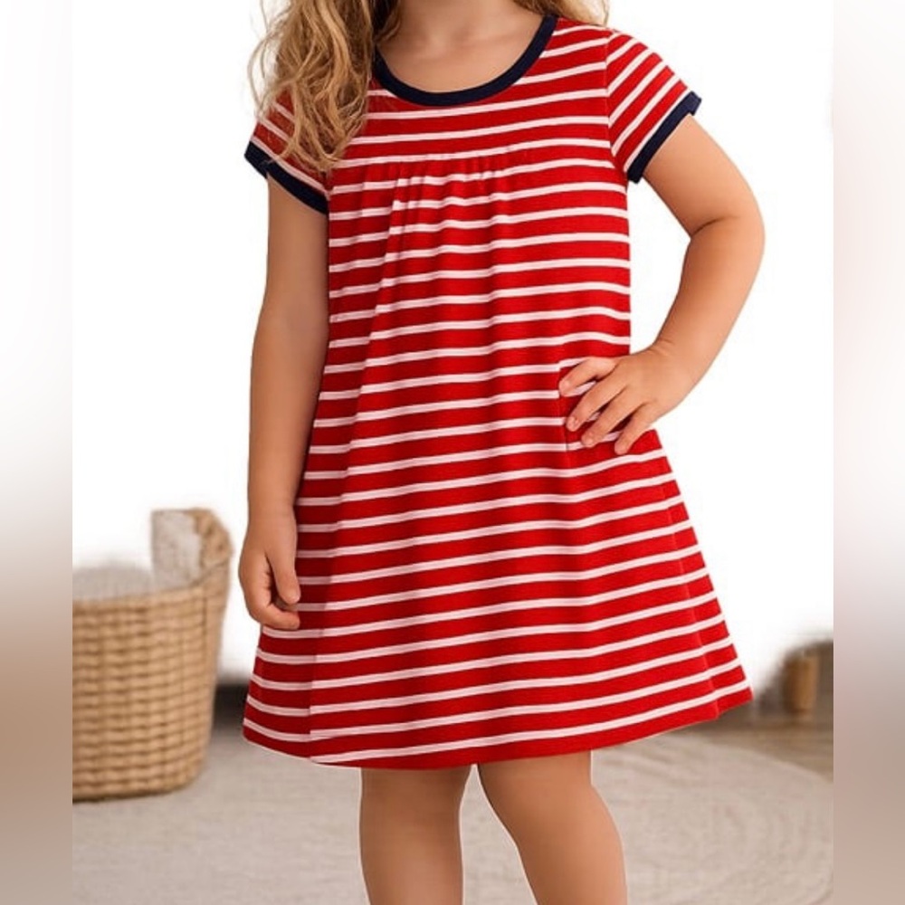 Hanna Andersson Red White Stripe Dress Navy Blue Trim Size 90 - 3 3T 4th of July